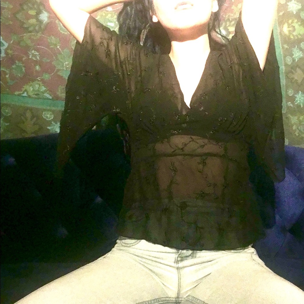 Black sheer bell sleeve embroidered vintage top